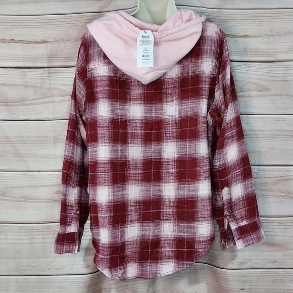 Time & Tru hooded flannel shirt button down maroon cream pink plaid pattern L - Picture 5 of 8